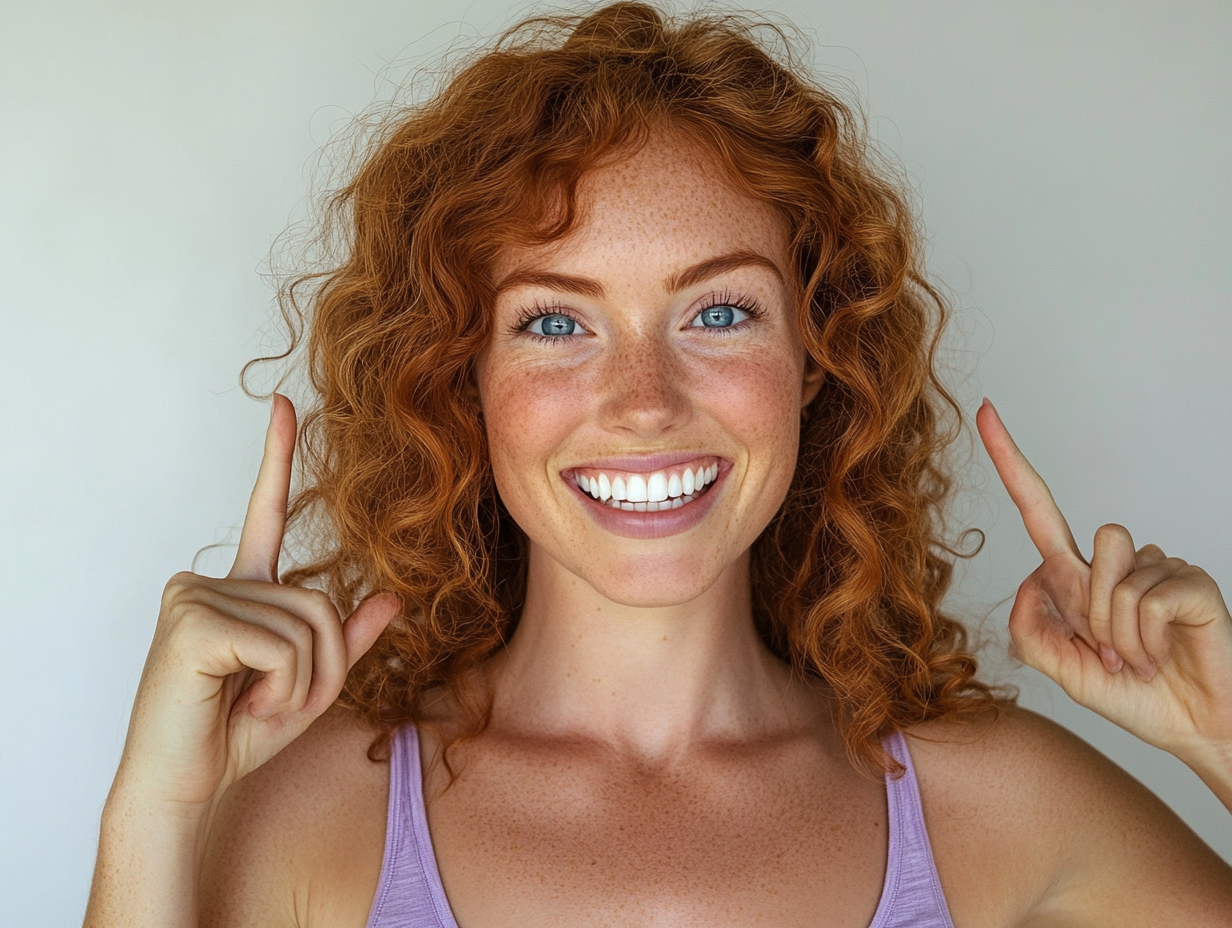 A beautiful, smiling woman with curly red hair and blue eyes holds up her fingers to show off her perfect teeth.