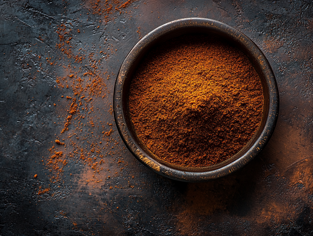 Top view of Indian Madder powder in a round bowl on a dark background,