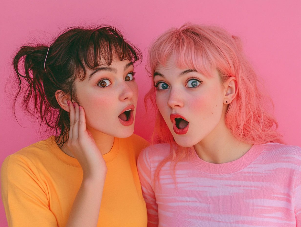 Photo of two women standing next to each other, one woman is whispering in the ear of the other woman, who has a shocked expression with her mouth open, against a pink background.