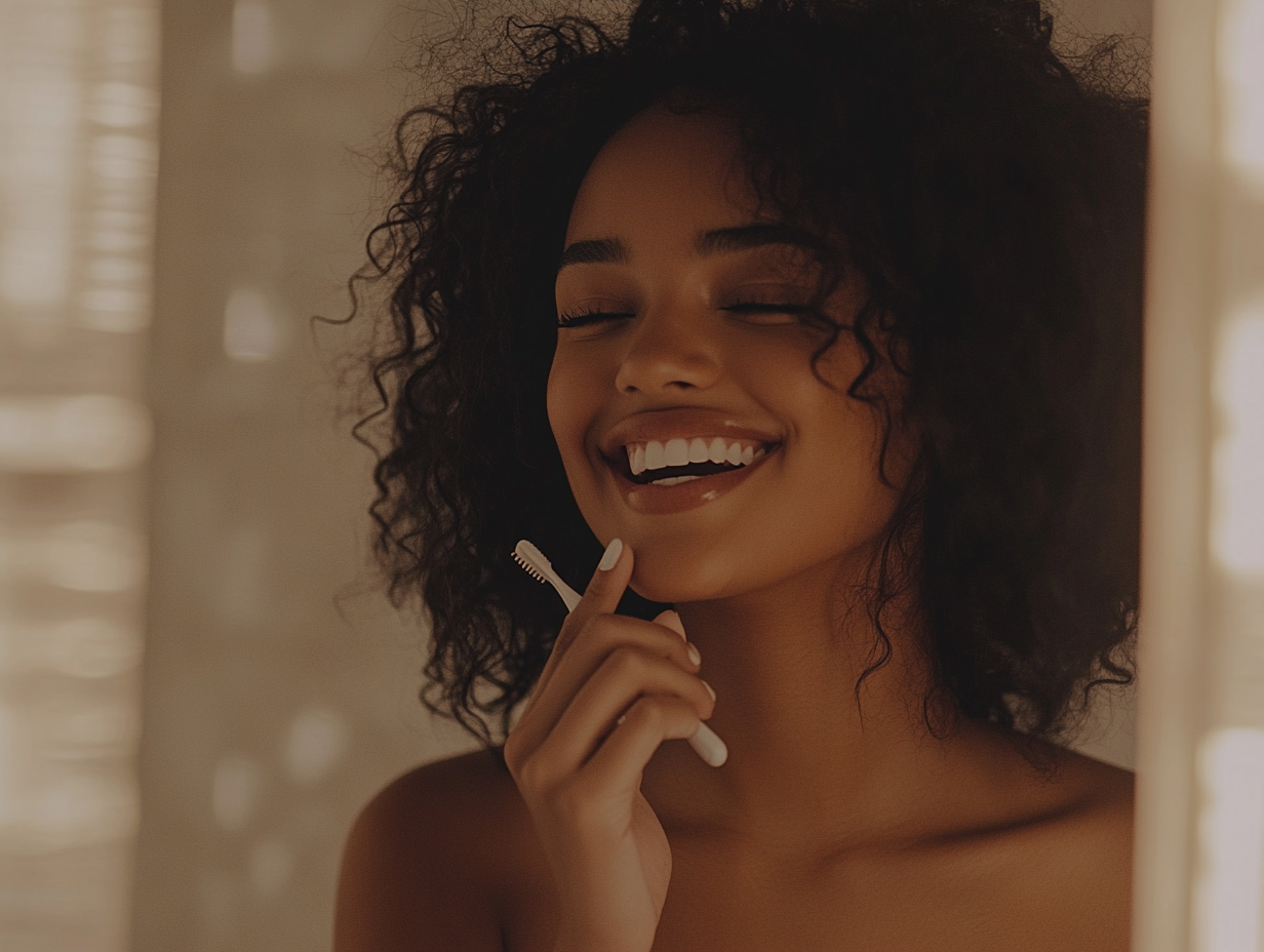 A woman with curly hair smiling while brushing her teeth in the mirror, captured from an angle that showcases natural light and soft shadows, creating a warm atmosphere.