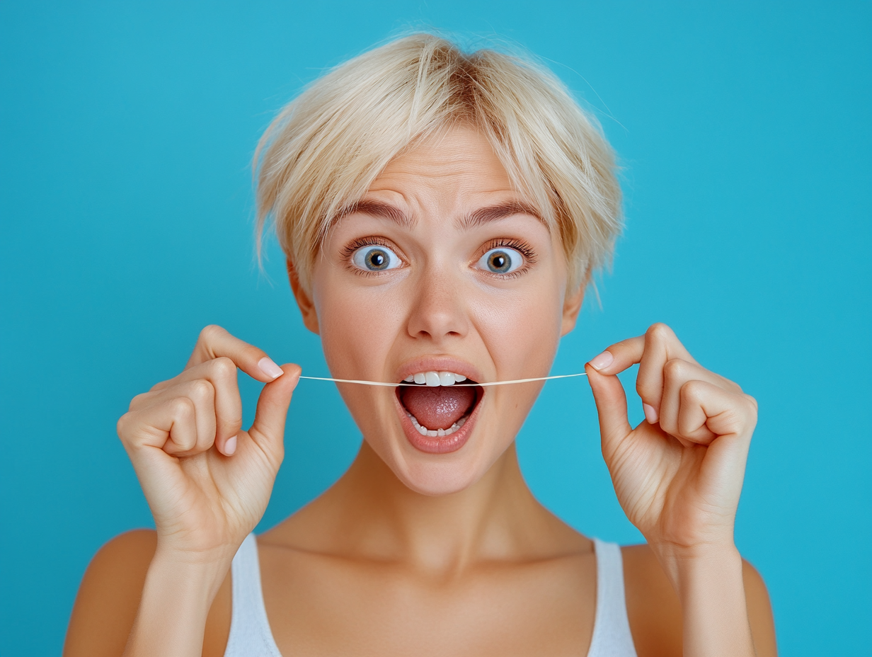 Portrait of a funny blonde woman with short hair using dental floss to clean her teeth, isolated on a blue background, in closeup.