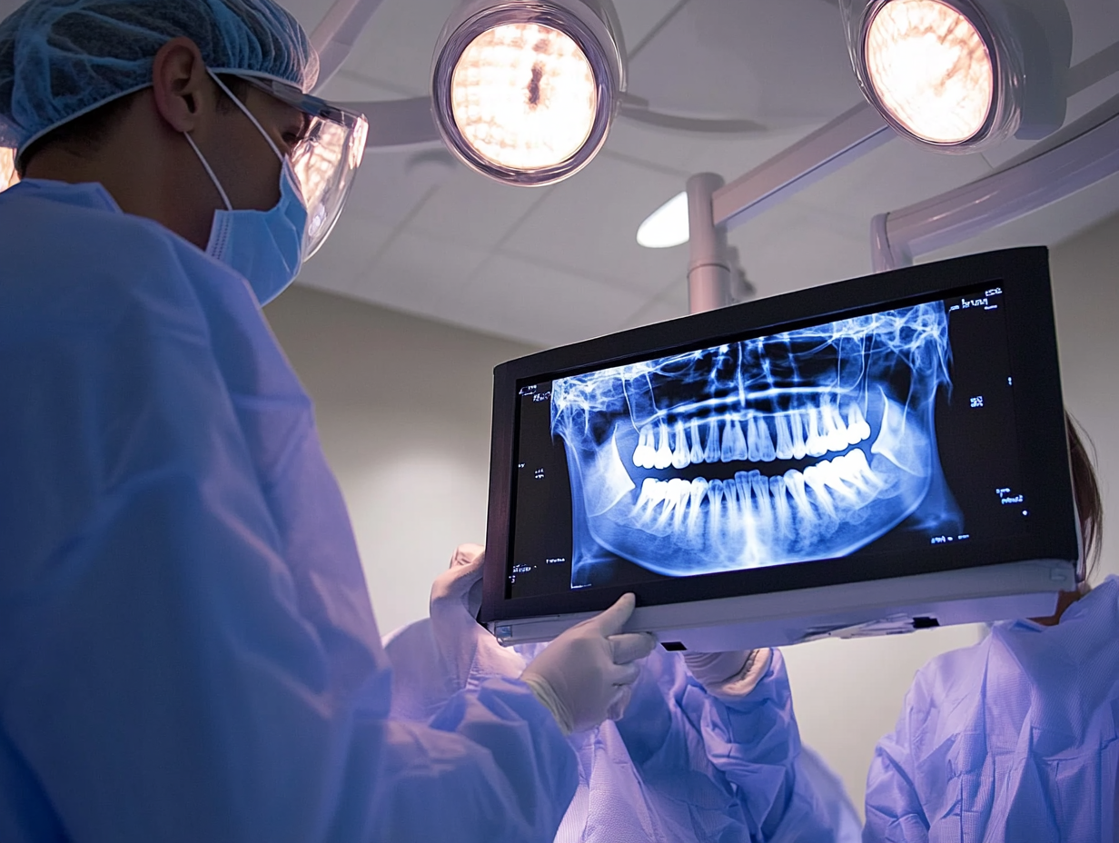 Dental technicians in an operating room, examining dental X-ray images on the digital screen of their interface device.