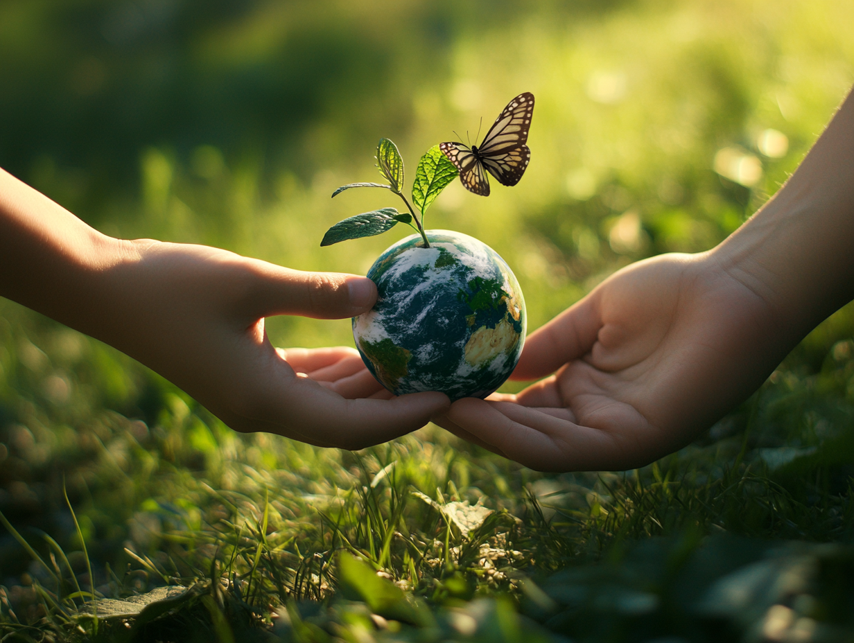 A hand holding the Earth planet, with a butterfly and a tree on green grass. Two people are helping each other to grow a plant together, representing the concept of environmental protection.