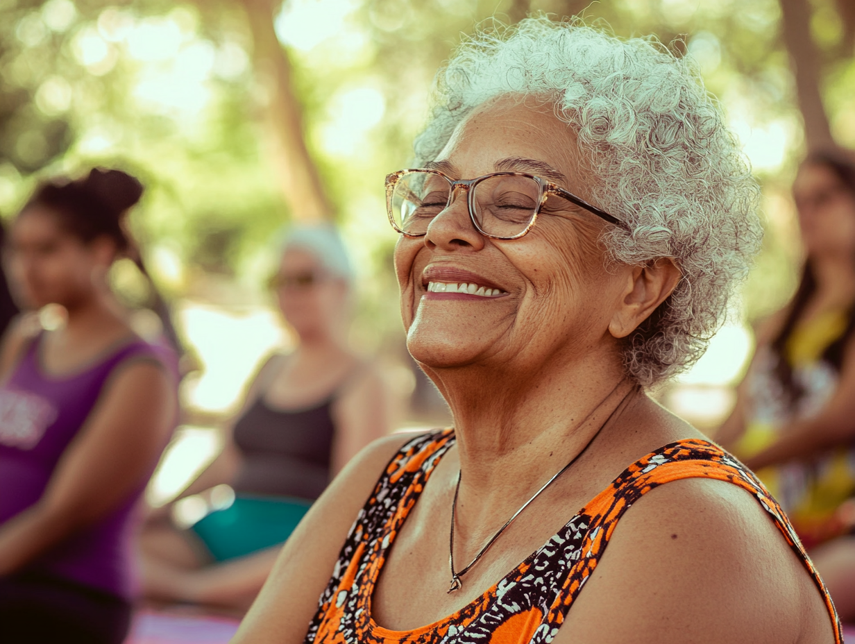 Portrait of a happy senior woman doing yoga with a group in a park.