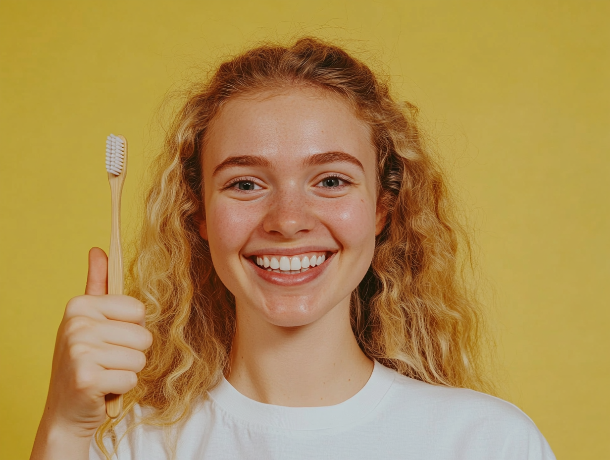 Portrait of a young woman smiling and holding a toothbrush against a yellow background