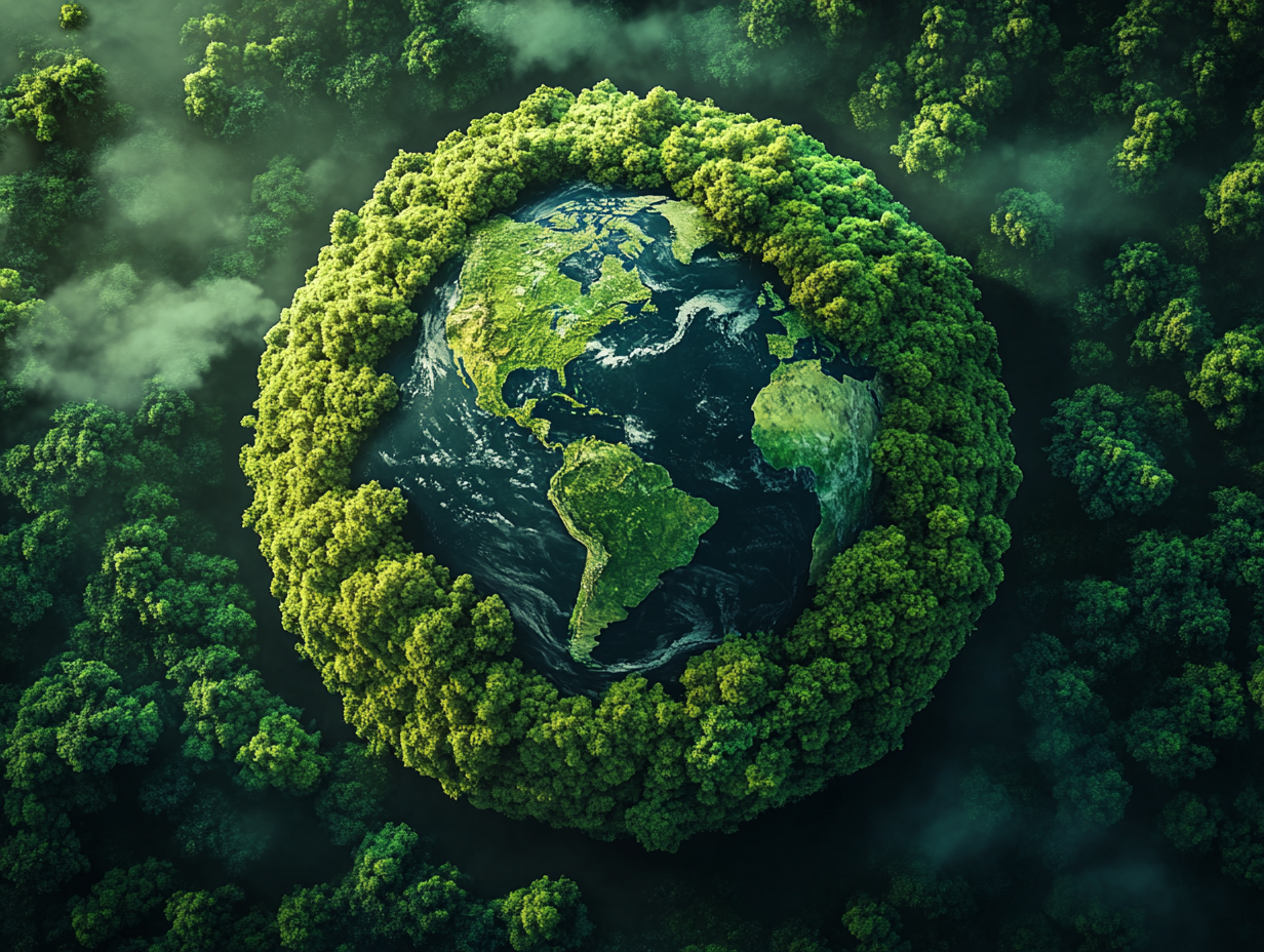 Green planet Earth with a forest on top, an aerial view background concept of the environment and ecology.