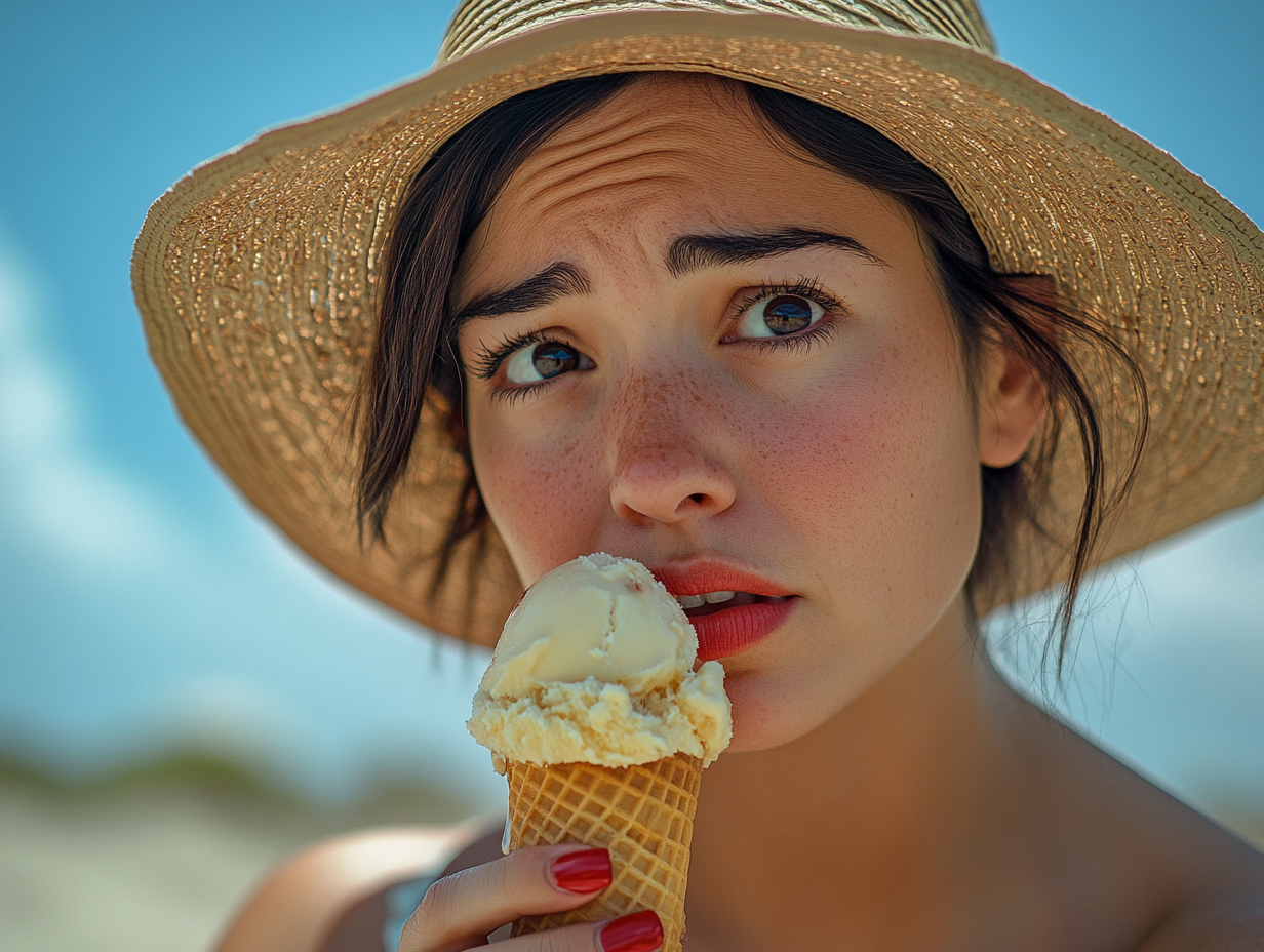 A close-up portrait of an attractive woman in her mid-20s, with dark hair and red nails wearing beach attire and straw hat eating ice cream cone on the summer beach.