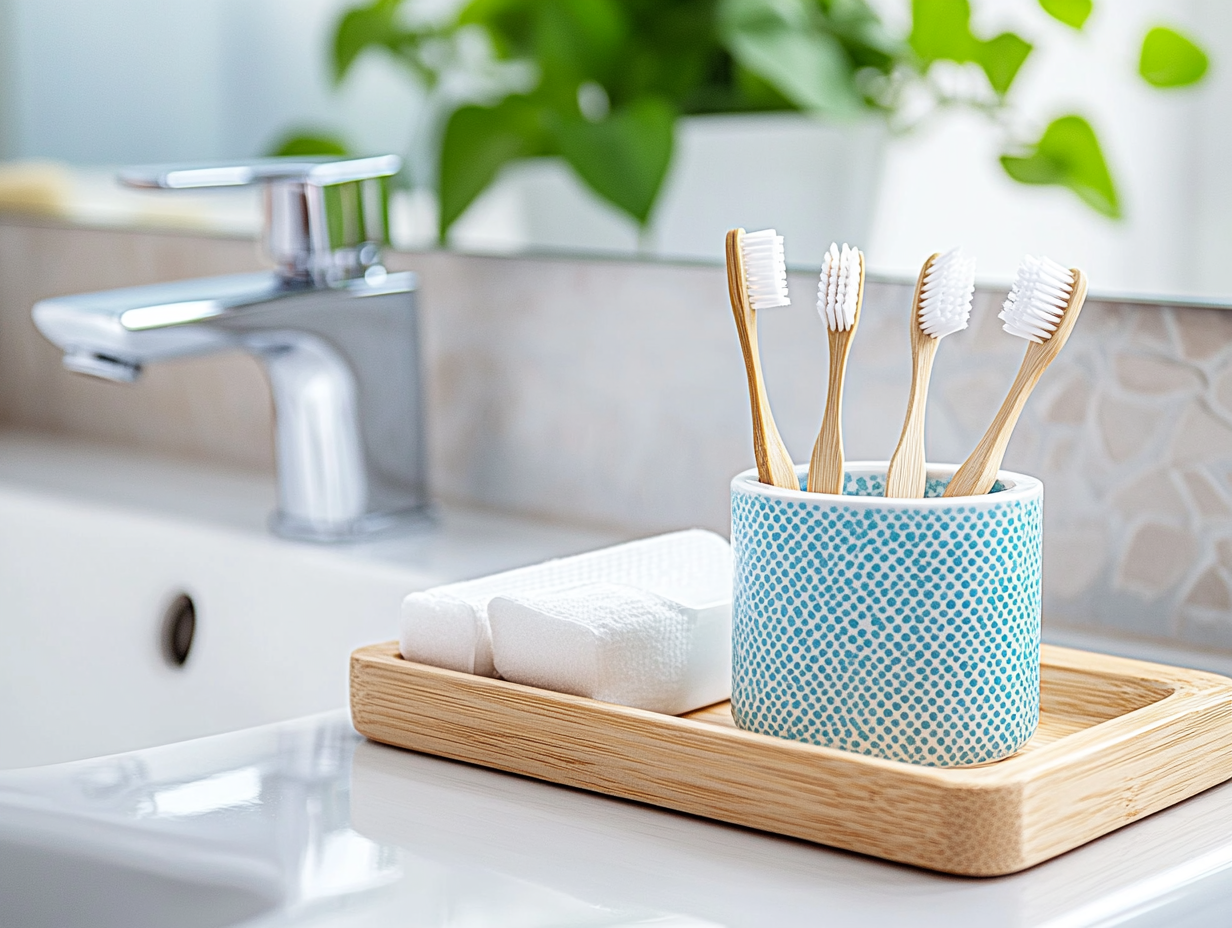 Wooden toothbrushes in a blue ceramic holder on a wooden tray near a white sink with a water faucet and a soap bar, close-up view, blurred bathroom interior background with a green plant