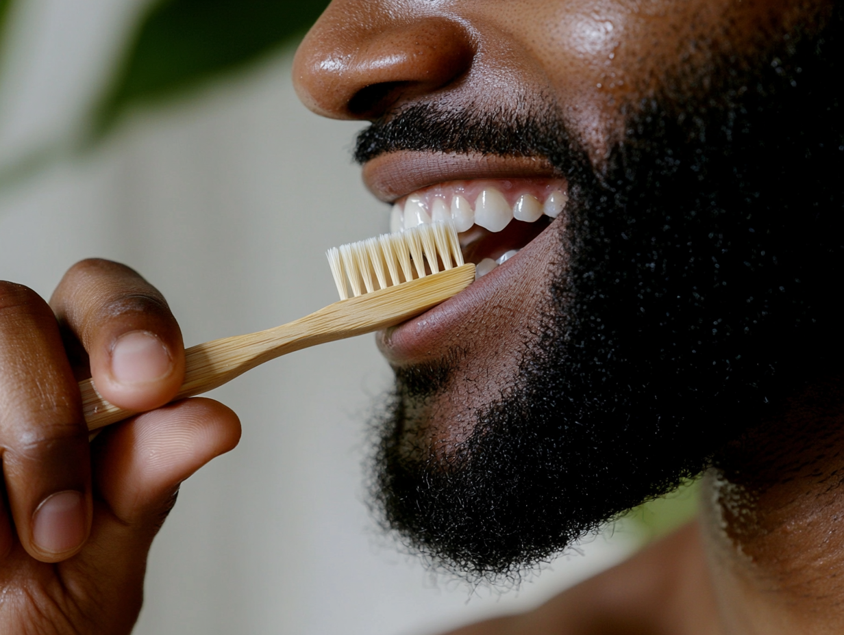 A close-up shot of an African American man with a black beard brushing his teeth, showcasing the bamboo toothbrush in action.