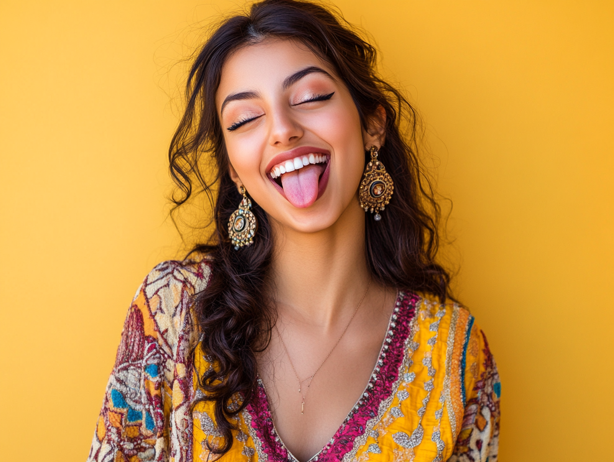 A beautiful Indian woman in her late twenties, wearing bohemian-style and earrings, is smiling with her tongue sticking out against a yellow background.