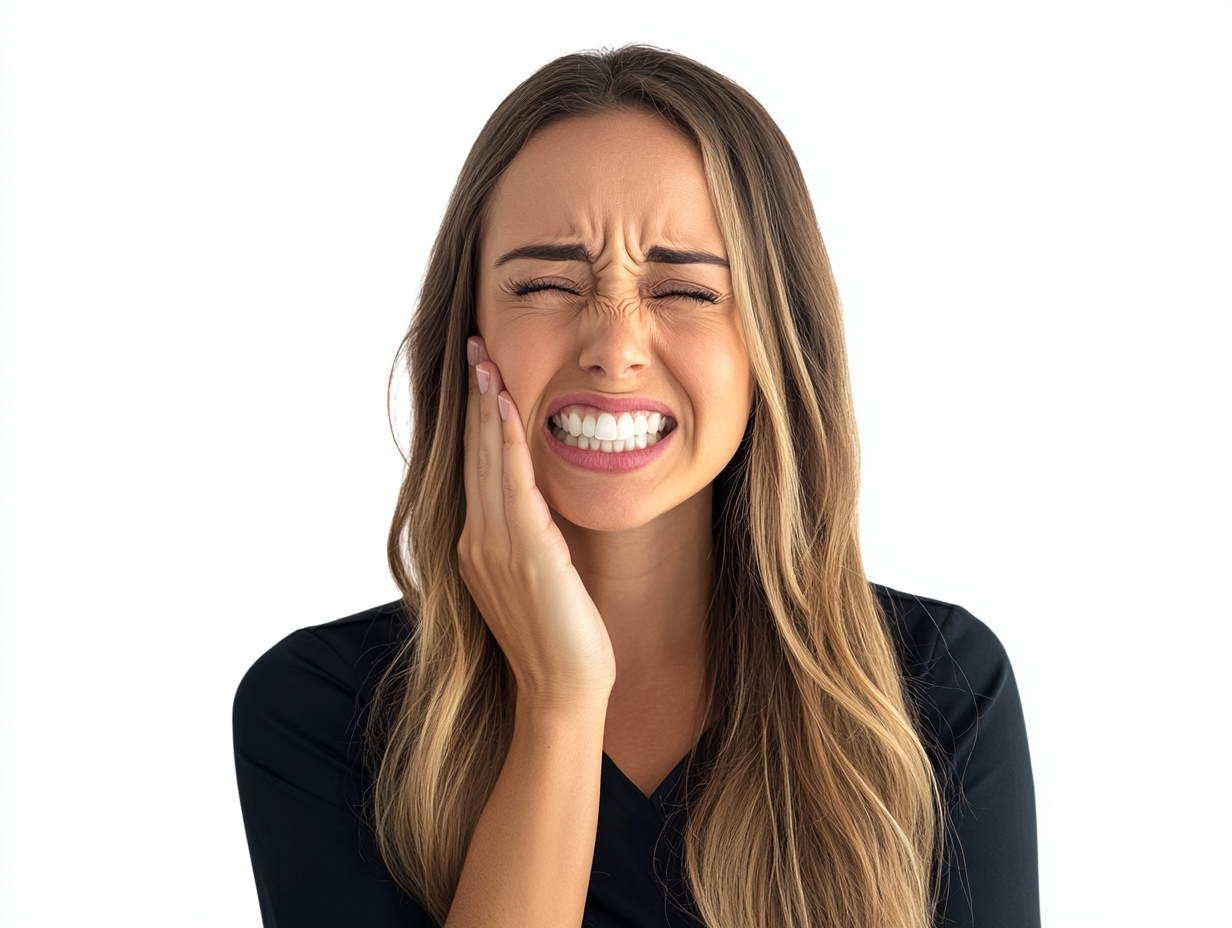 Portrait of a beautiful female model experiencing pain in her teeth and touching her face.