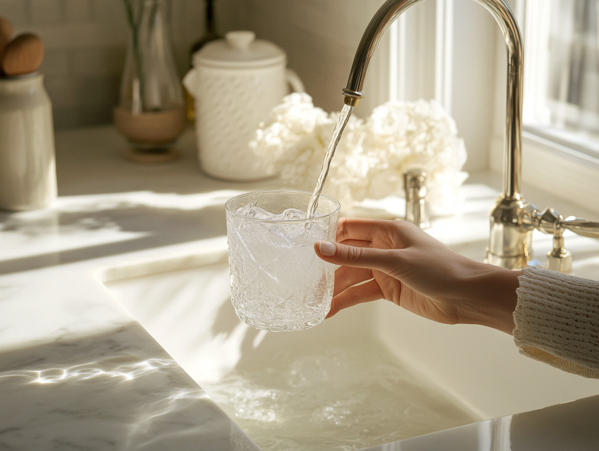 A hand holding a glass of water, with a tap in a white marble kitchen sink. Sunlight is coming from the left side of the photo and creating beautiful shadows on the surface.