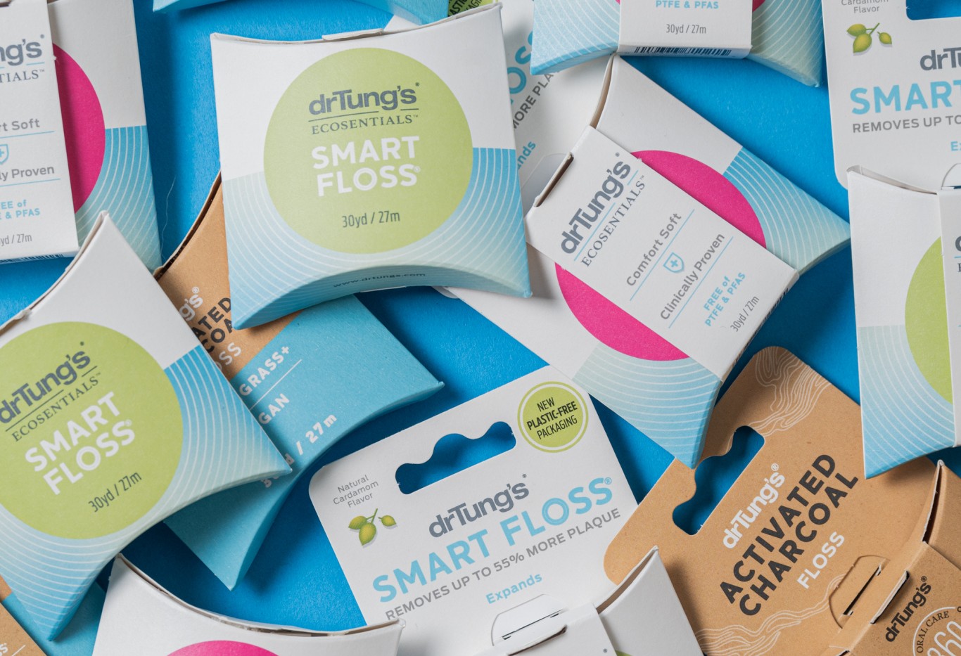 A flat lay of various packaging for " dr Tung's smart floss".