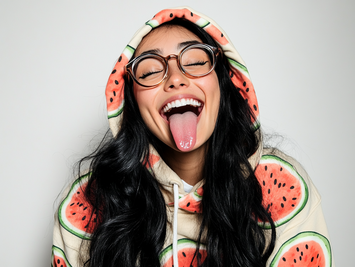 A beautiful woman with long black hair, wearing glasses and a watermelon-patterned hoodie, is sticking her tongue out while laughing against a white background.