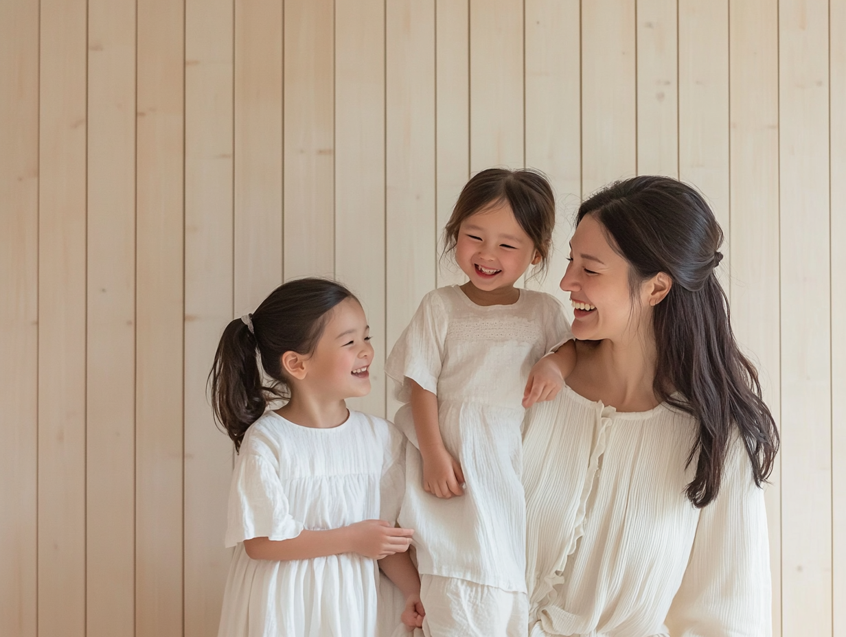 A Japanese mother and her two young daughters, wearing white , smile while standing against the light wood wall of their home, creating an atmosphere filled with warmth and happiness.