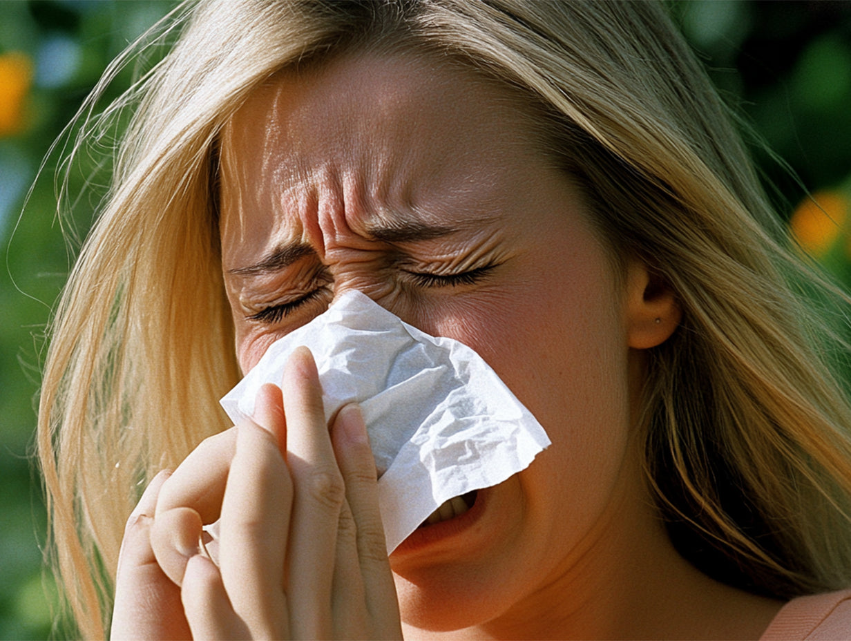 A sickly-looking female is sneezing and holding up a half-sized white handkerchief to blow out the wind in close-up. She has long hair and a light skin tone, wearing peach-colored , feeling ill from a cold or flu.