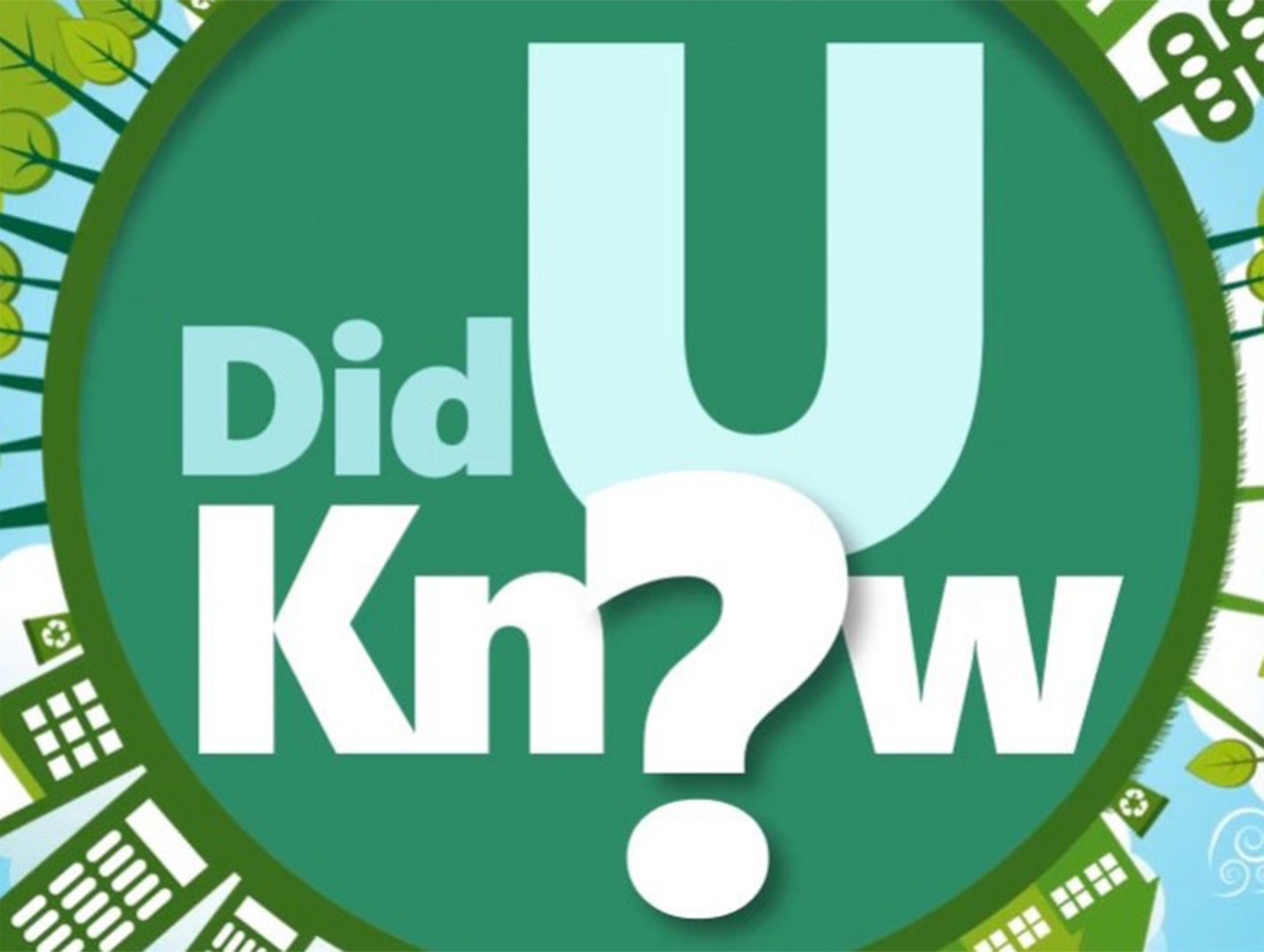 A logo for "Did You Advise Know?" with the letters visible in white, set against an urban green background with cityscape elements and symbols of sustainability like leaves or solar panels.