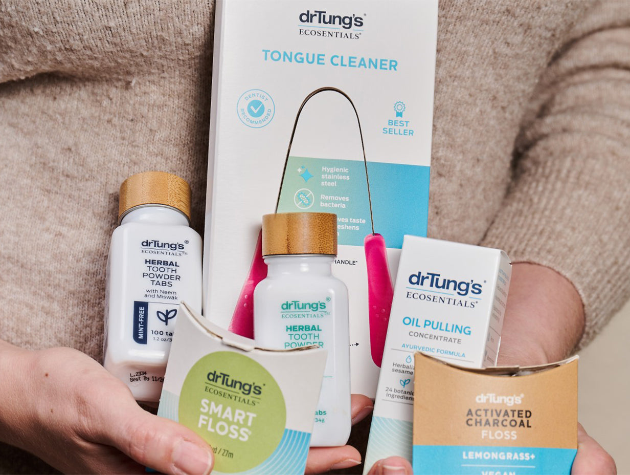 a product photo of various dental products from " drTung's"