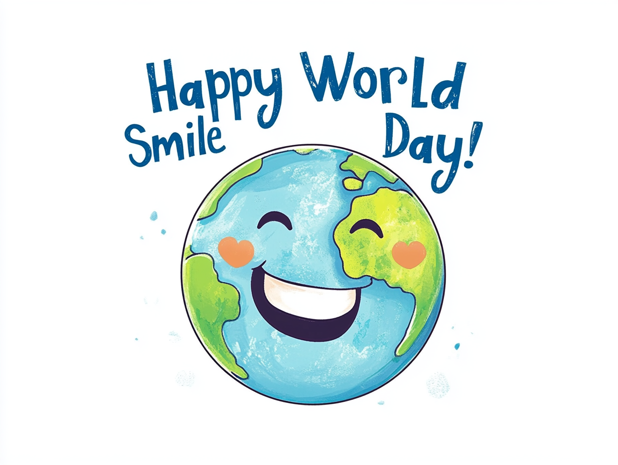 World Smile Day poster, a cartoon Earth smiling with the text "Happy World Smile Day!", all on a simple white background.
