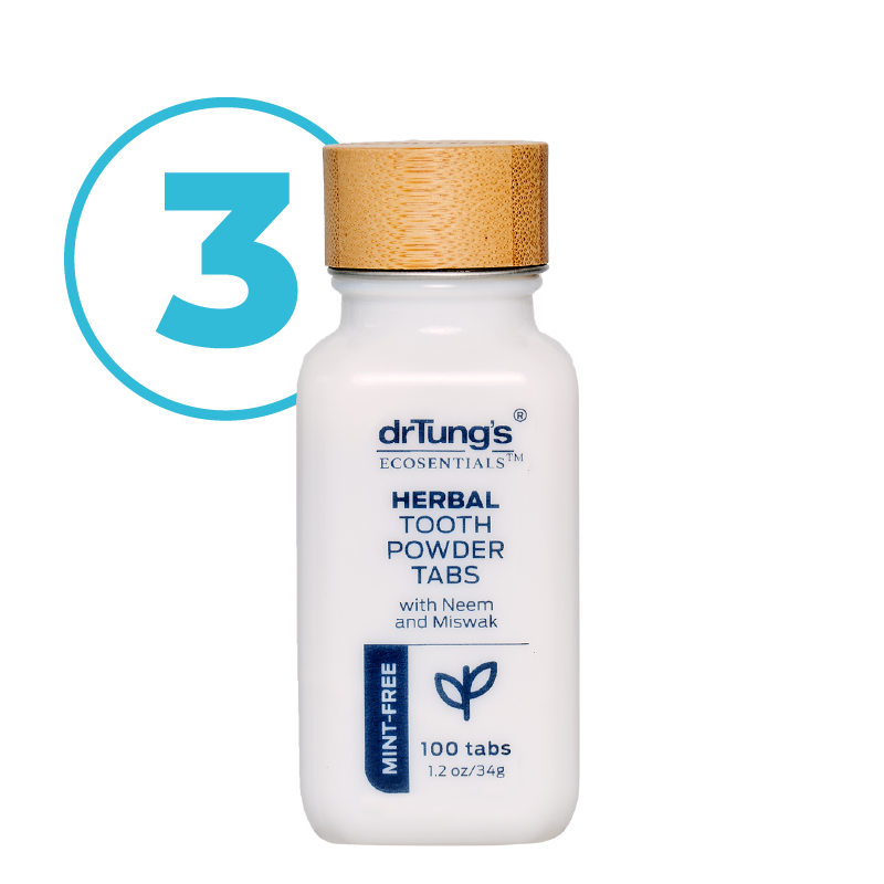 Dr. Tung's Herbal Tooth Powder Tabs bottle with a wooden cap on a white background